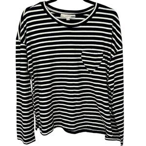 Loft Black and White stripped long sleeve shirt heart pockets Size Medium